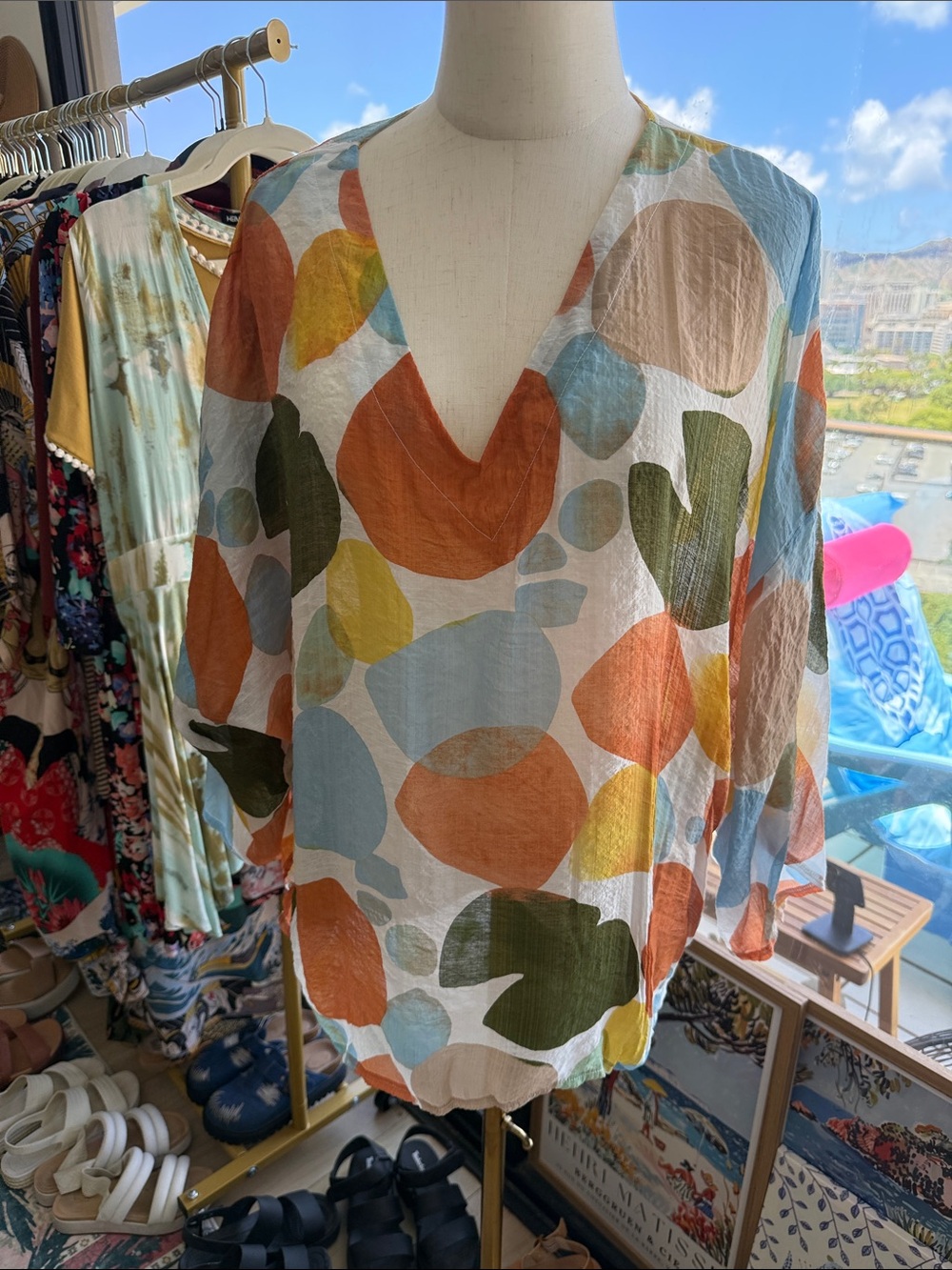SIMPLE Olive Green Top with Orange Trim
